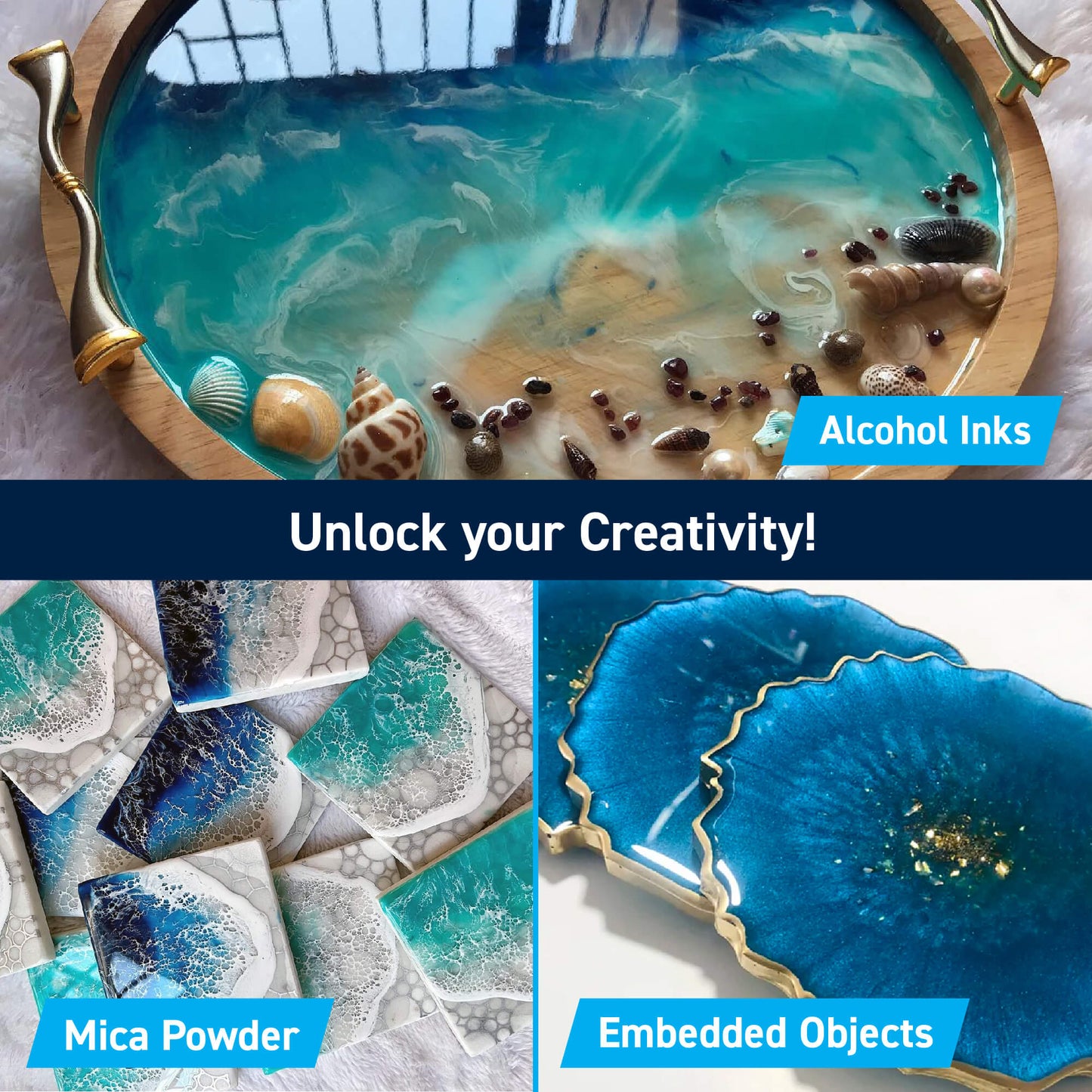 Table Top Epoxy Resin is Compatible with Alcohol Inks, Mica Powders, and Embedded Objects for Creative Personalization