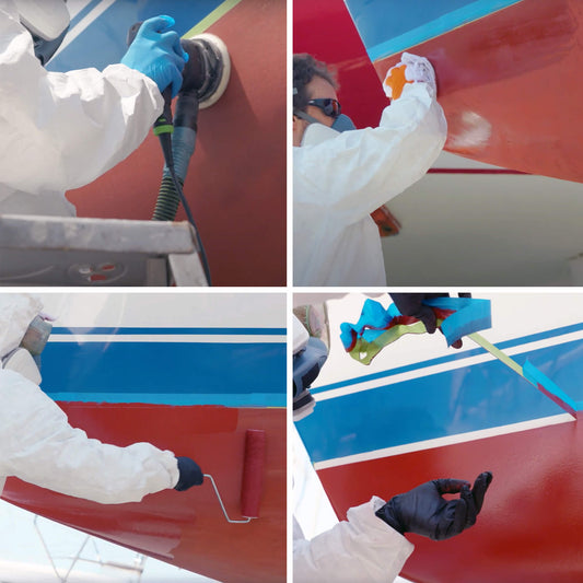 TotalBoat Krypton Antifouling Paint: Boat being sanded; dust being wiped off of the boat; TotalBoat Krypton Red being rolled on a boat bottom; painters tape being removed, painting finished!